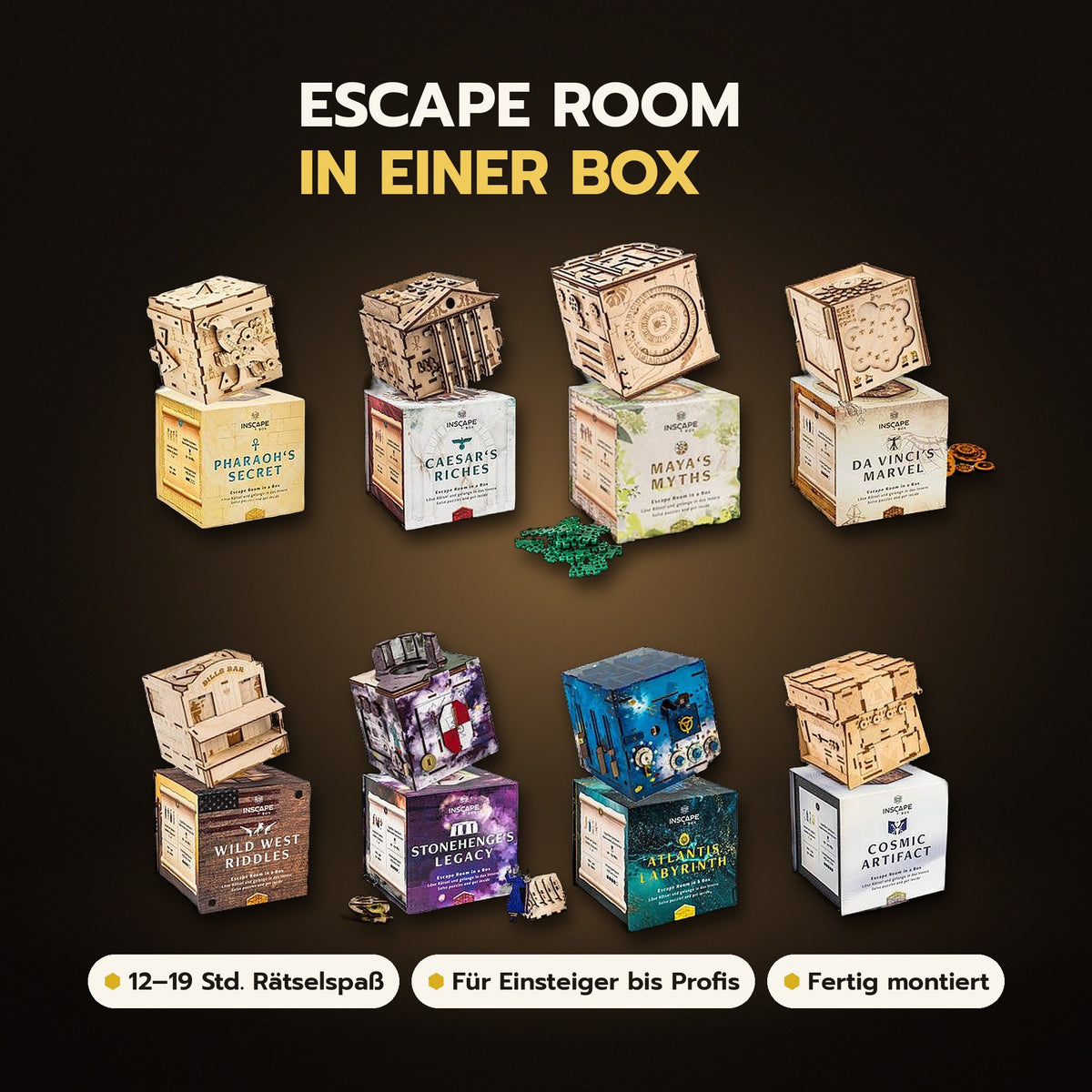 INSCAPE 8er-Set: Escape Room in einer Box – alle 8 Puzzleboxen aus Holz