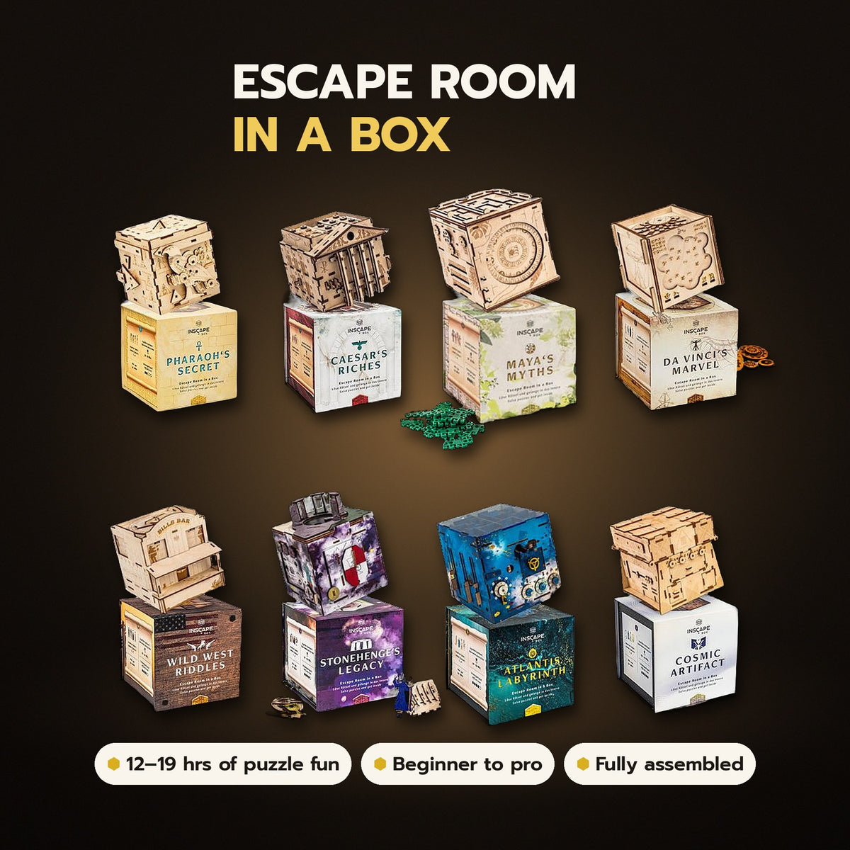 INSCAPE 8-box set: an escape room in a box – all 8 wooden puzzle boxes