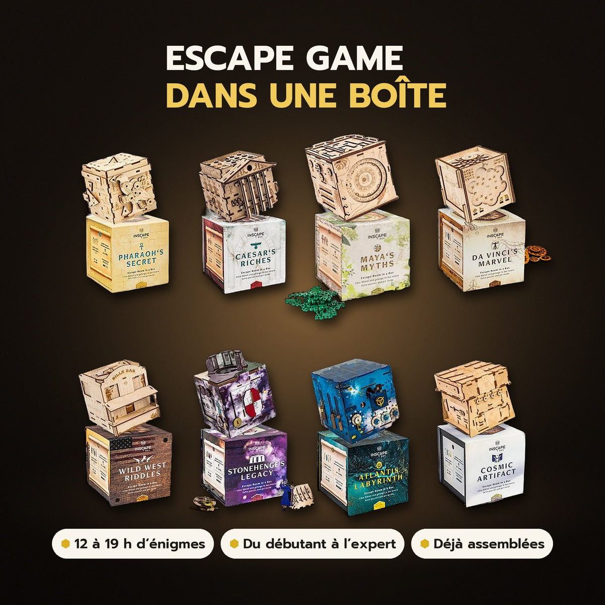 Coffret INSCAPE 8 boîtes : un escape game dans une boîte – les 8 boîtes à énigmes en bois