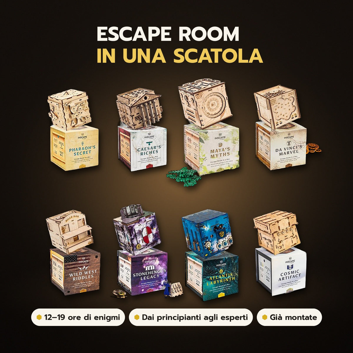 Set INSCAPE da 8 scatole: un escape room in una scatola – tutte le 8 scatole rompicapo in legno