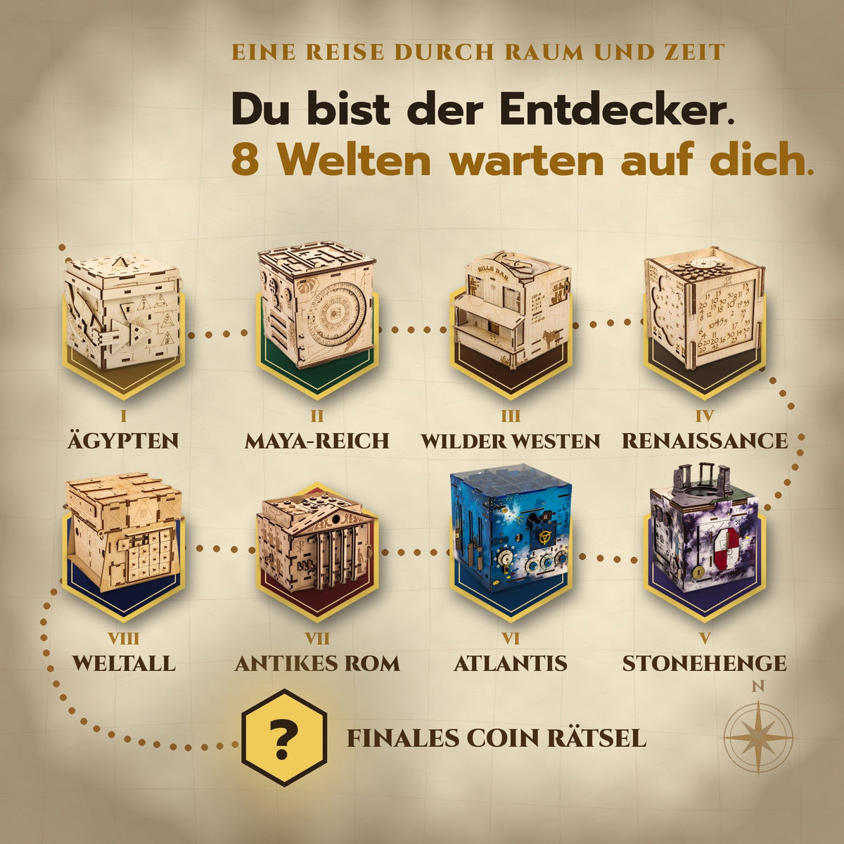 Eine Reise durch Raum und Zeit: die 8 Welten der INSCAPE Puzzleboxen auf einer Karte