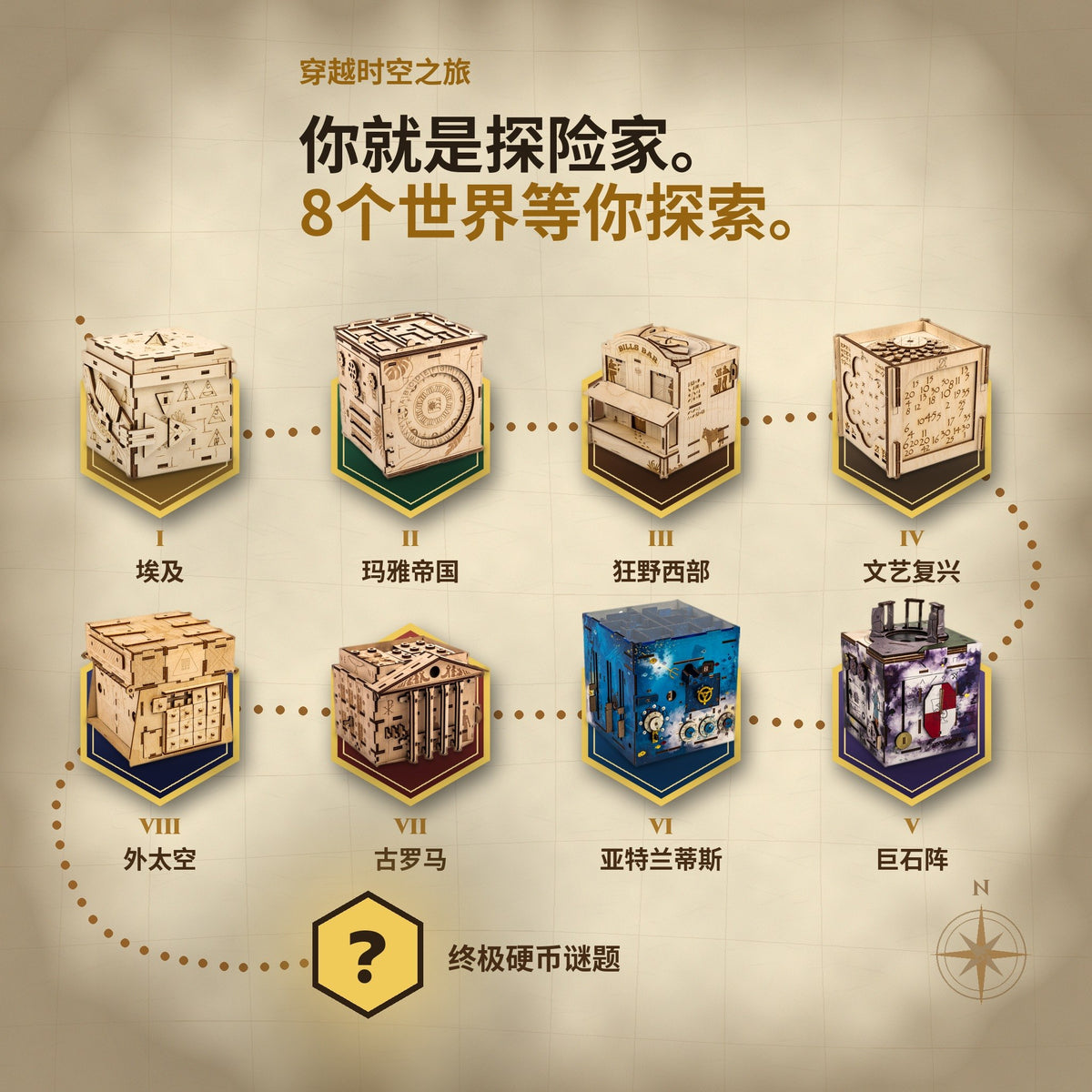 穿越时空之旅：INSCAPE解谜盒8个世界的地图