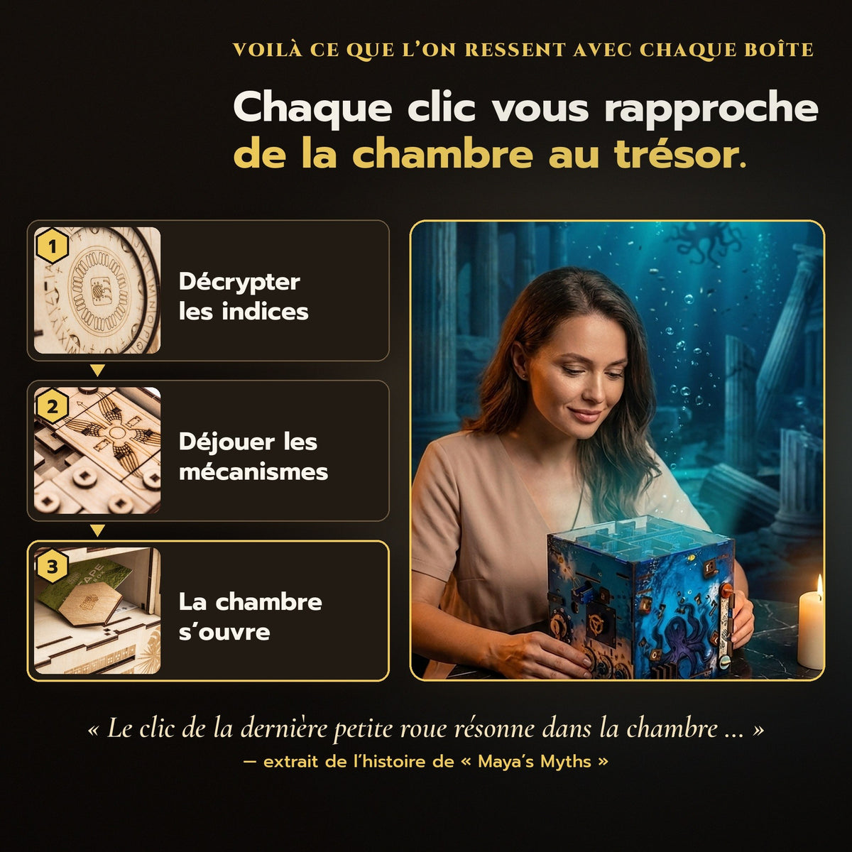 Ce que l’on ressent avec chaque boîte INSCAPE : résoudre des énigmes, ouvrir des mécanismes, atteindre la chambre au trésor