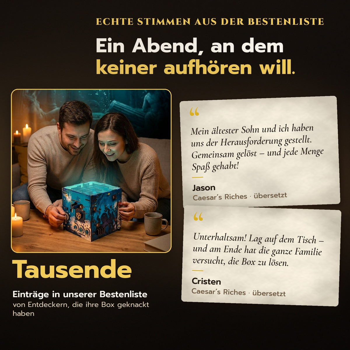 Ein Abend, an dem keiner aufhören will: Paar löst gemeinsam eine INSCAPE Puzzlebox, echte Stimmen aus der Bestenliste