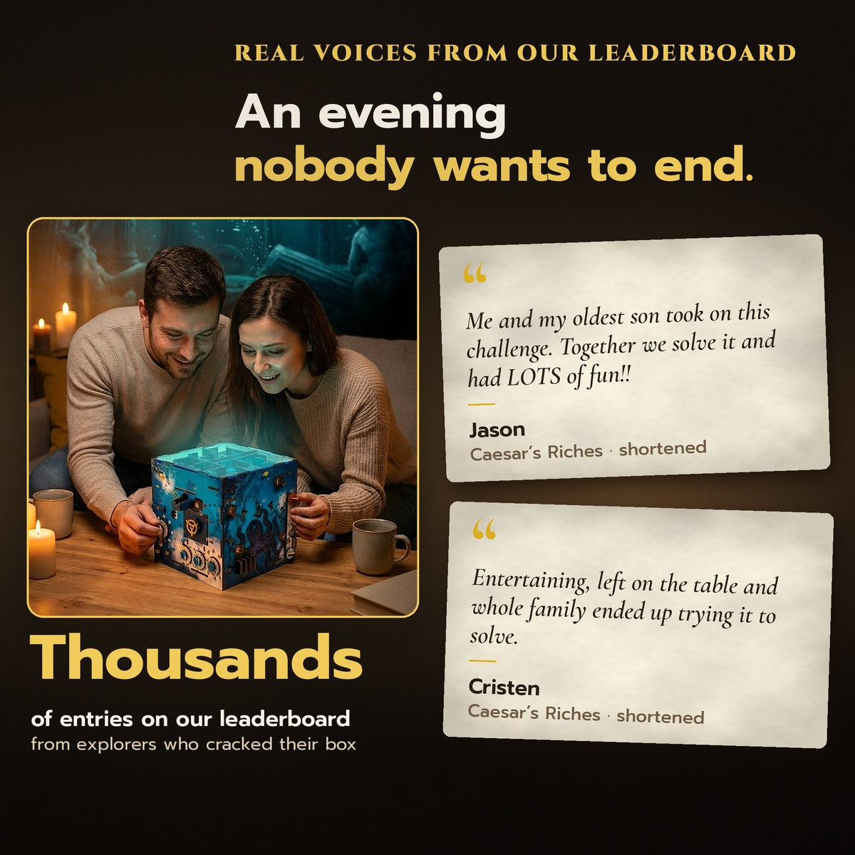 An evening nobody wants to end: a couple solving an INSCAPE puzzle box together, real voices from our leaderboard