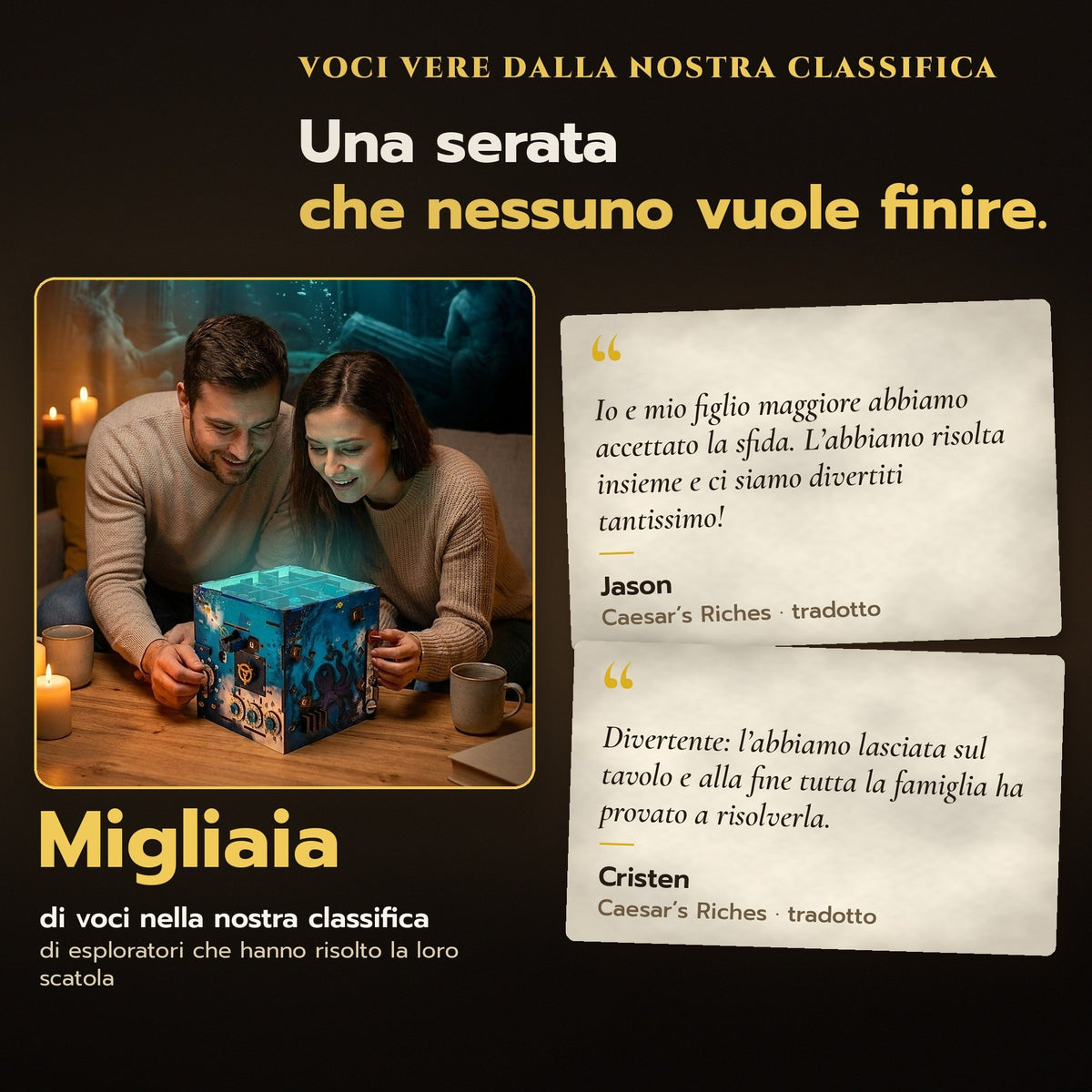 Una serata che nessuno vuole finire: una coppia risolve insieme una scatola INSCAPE, voci vere dalla nostra classifica