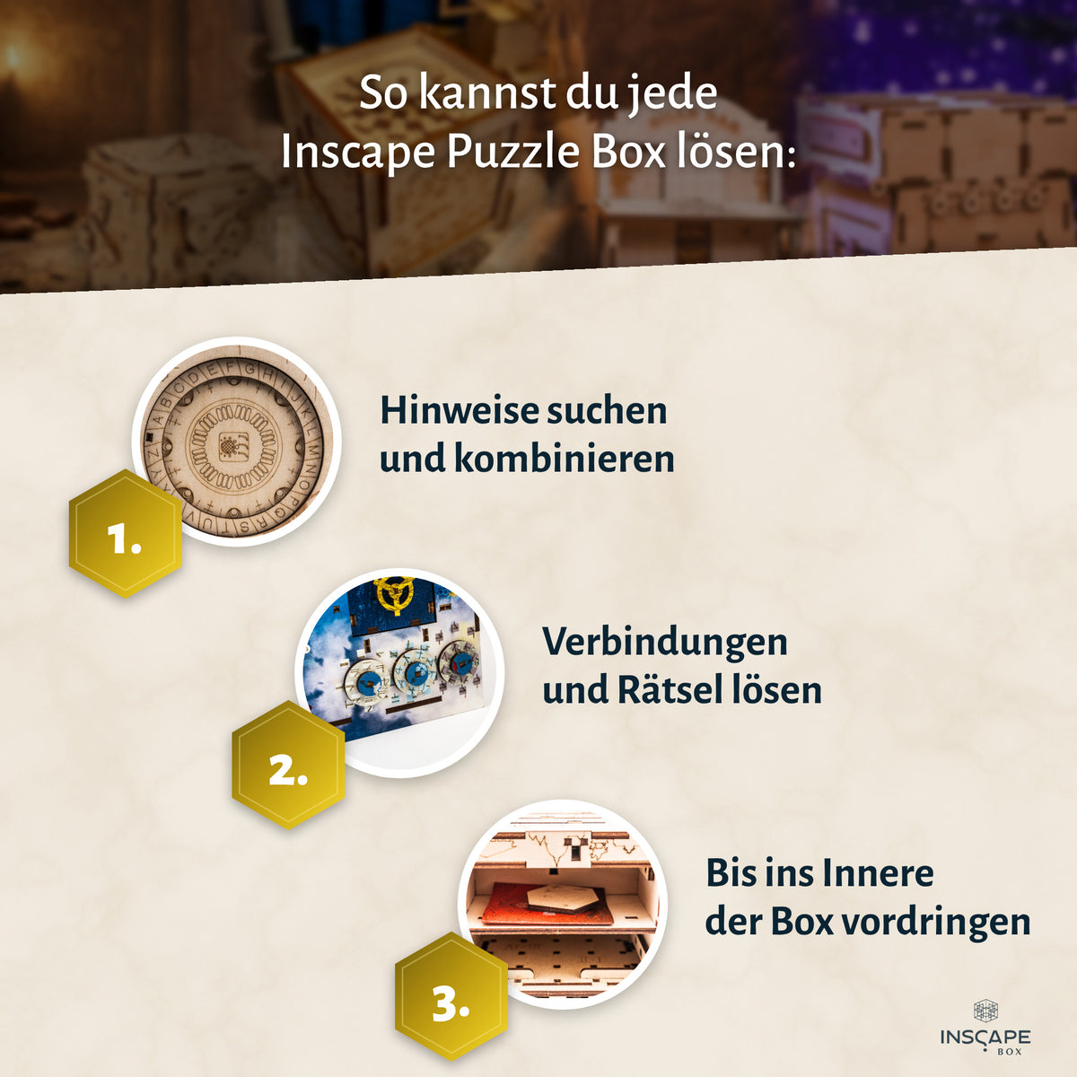 So löst du eine INSCAPE Puzzle Box: Hinweise suchen, Rätsel lösen, ins Innere vordringen