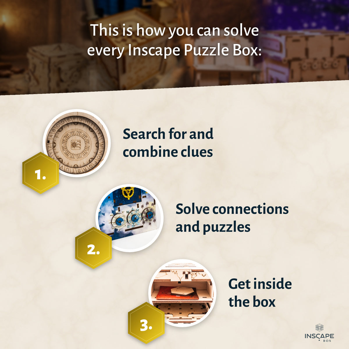 How to solve an INSCAPE puzzle box: find clues, solve puzzles, get inside