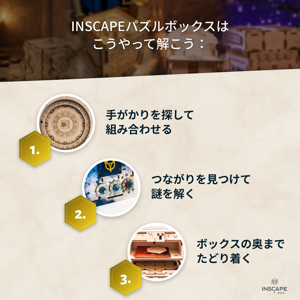 INSCAPEパズルボックスの解き方：手がかりを探し、謎を解き、中までたどり着く