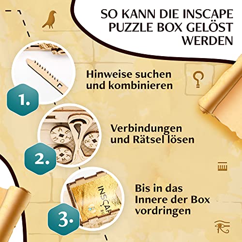 INCAPE Pharaoh's Secret - caja de rompecabezas de madera - caja de rompecabezas - juego de sala de escape para adultos y niños - juegos de rompecabezas para adultos - rompecabezas de madera 3D - caja de pistas - juegos mentales